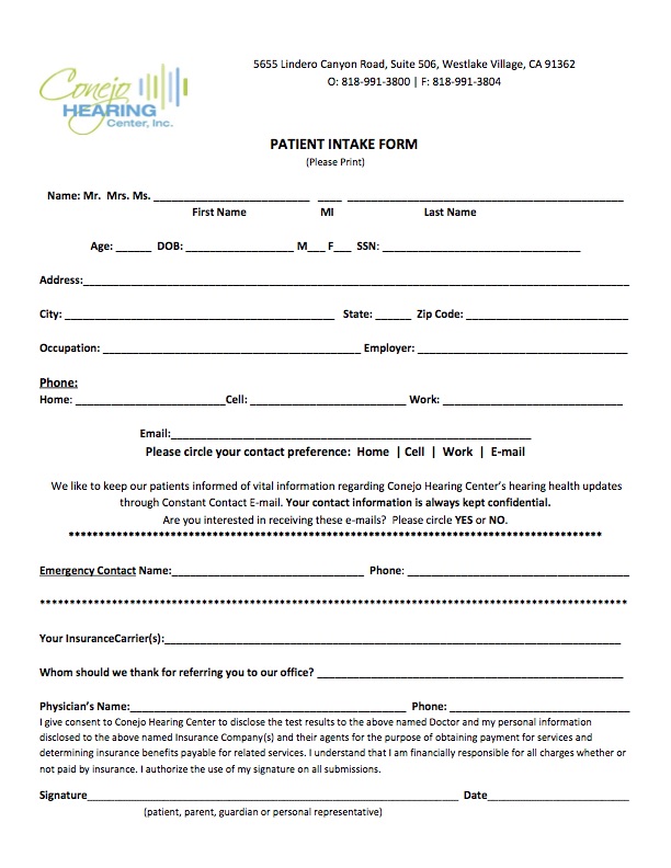 Audiology Patient Forms for Conejo Hearing Center, Inc.